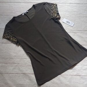 NWT Annalee + Hope Beaded Olive Green Short Sleeve Top